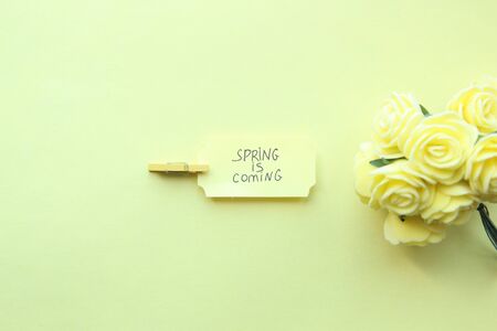 spring is coming text, inscription on the plateの写真素材