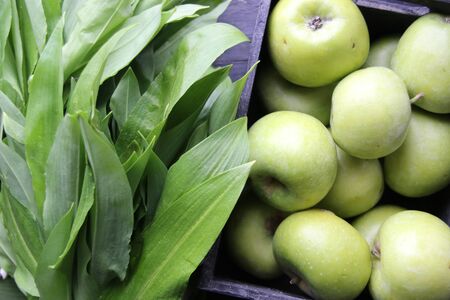 Fresh juicy green apples and wild garlic leaves. Healthy eating concept.の写真素材