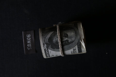 Bonus inscription and dollars on the table. Financial concept.の写真素材