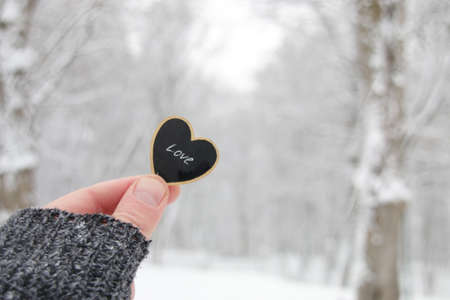 Valentine's day concept. Hand holds a heart on the background of a snowy forest.の写真素材