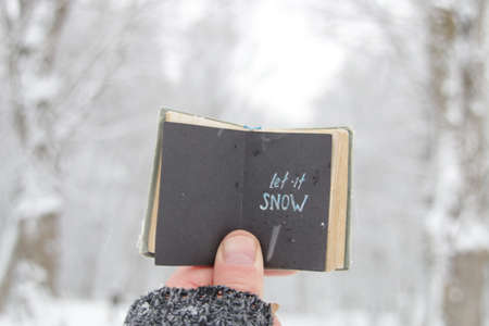 Let it snow concept. A hand holds a booklet with the inscription on the background of the winter forest.の写真素材