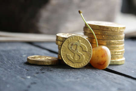 Profit growth concept and Smile idea. One cherry with a smile pattern on it. And golden coins.の写真素材