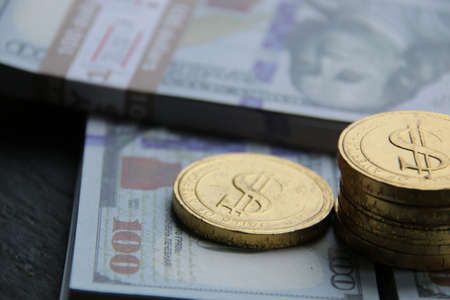 Financial background. Gold coins and dollars. Income growth.の写真素材