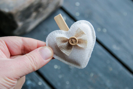 Valentine. The hand holds a soft toy in the shape of a heart.の写真素材