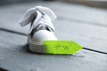 Spring time concept. Text handwritten on green pointer.の写真素材