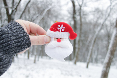 Hand holds santa claus on the background of the winter forest. Christmas background.の写真素材