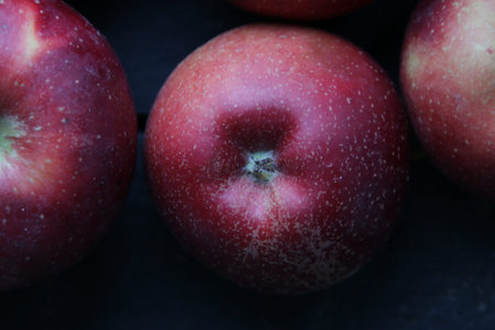 Red juicy apples on an old vintage table. apple harvest theme.