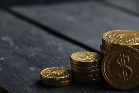 business growth success process. Golden coins on vintage background. stack of golden coins.の写真素材