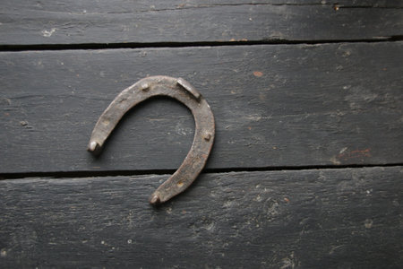 An old horseshoe on a vintage table. retro style.の写真素材