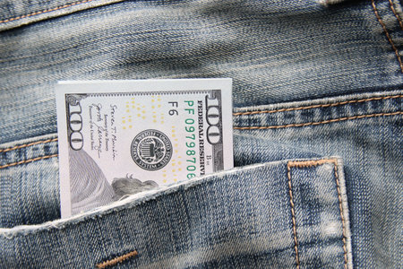 Dollars in a jeans pocket, Closeup. Money in pocket.の写真素材