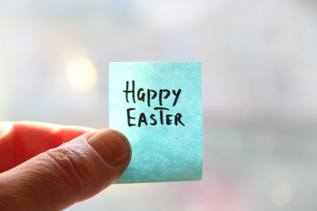 Happy Easter concept! The inscription on the blue tag.の写真素材