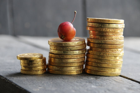 business growth success process. Golden coins on vintage background.の写真素材
