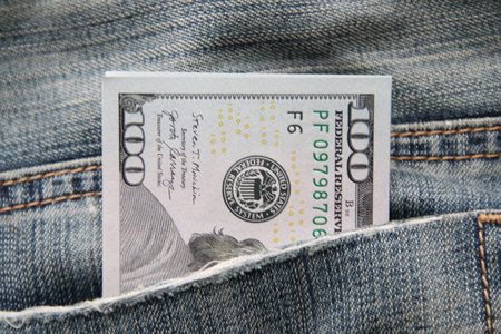Dollars in a jeans pocket, Closeup. Money in pocket.の写真素材