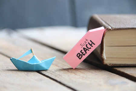 Just beach concept origami paper boat and tag.の写真素材