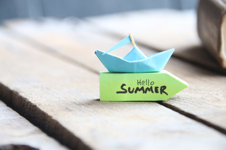 Paper boat and tag Hello Summer.の写真素材