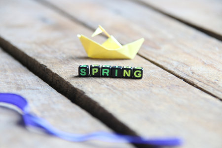 Hello Spring. Inscription on the cubes.の写真素材