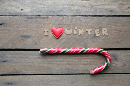 I love winter, inscription on a wooden table.の写真素材