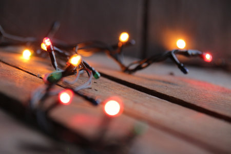 Christmas garland close up. New Year home decorations.の写真素材