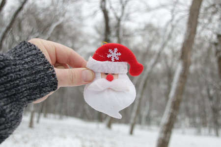 Hand holds santa claus on the background of the winter forest. Christmas background.の写真素材
