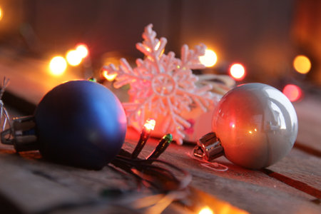 Christmas garland close up. New Year home decorations.の写真素材