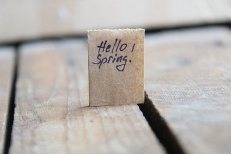 Hello Spring. The inscription on a tag. Greeting card concept.