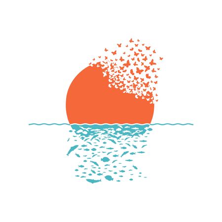 Planet and sun with the effect of destruction. Dispersion. Butterfly, moth. Fishes. Water.のイラスト素材