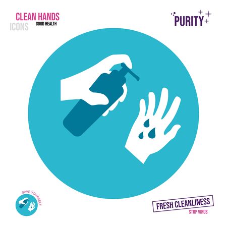 Icon of a hand holding a bottle with an antiseptic or liquid soap. Putting liquid soap on hands.のイラスト素材