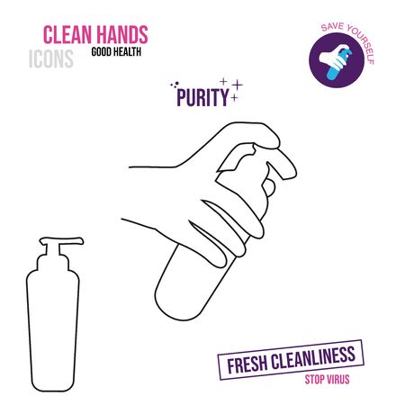Thin line icon. Icon of a hand holding a bottle with an antiseptic or liquid soap.のイラスト素材