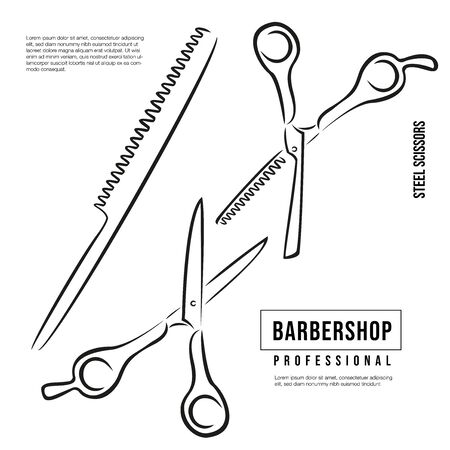 Professional thinning scissors for haircuts and hairbrush. Drawing for a hairdresser.のイラスト素材