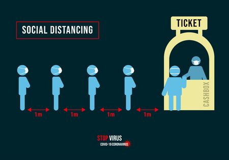 People stand in line to buy ticket. Queue. People in medical masks. Coronavirus Covid -19.のイラスト素材