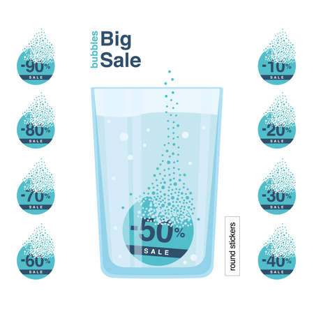 The tablet with the information about the discount dissolves in a glass of liquid. Sale. Stickers or tags. Dispersion.のイラスト素材