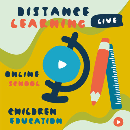School set. Globe, pencil, ruler. Banner template for posts, story. Online learning or education. Online school or kids education. Template for courses or webinars.のイラスト素材