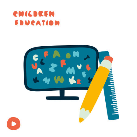 Monitor, pencil, ruler. Child education concept.のイラスト素材