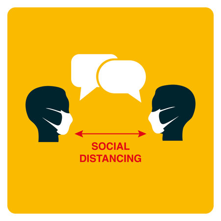 Social distancing sign or icon. Distance communication. Head in a medical mask.のイラスト素材