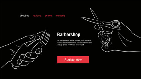 Hand holds a professional hair clipper. Hand holds professional scissors for haircuts. Drawing for barber shops. Hairdresser poster. Banner template for posts, story or page for the website.のイラスト素材