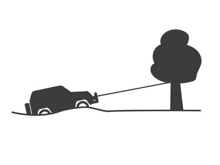 A stuck SUV is pulled out with a rope and a tree.のイラスト素材
