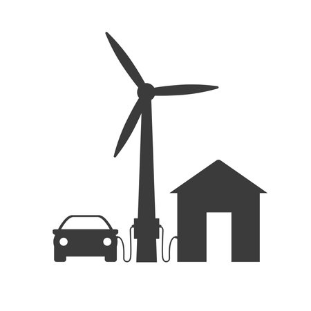The car and house are connected to a wind turbine. wind power plant. Charging an electric car and a house from a wind farm.のイラスト素材
