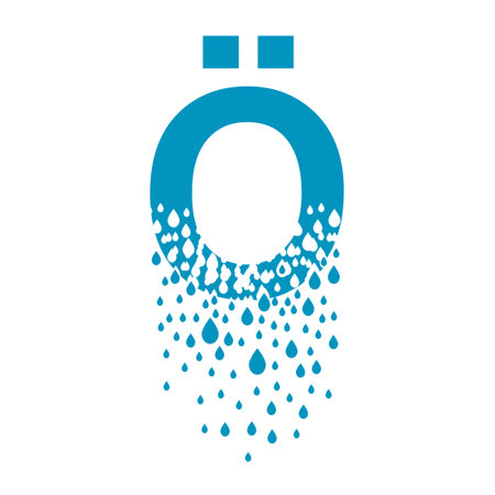 The letter o with umlaut dissolves into droplets. Drops of liquid fall out as precipitation. Destruction effect. Dispersion.のイラスト素材