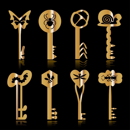 Some gold keys with the image of insects on a black backgroundのイラスト素材