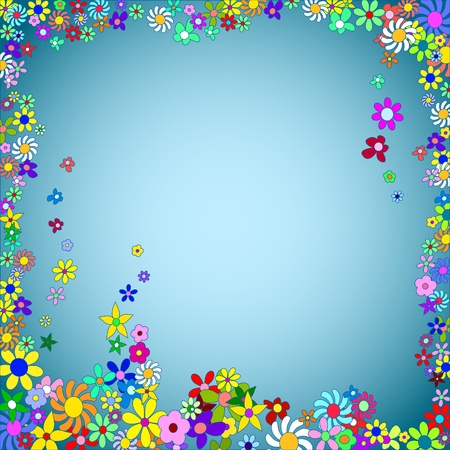 Frame of Colorful Flowers on a Blue Backgroundのイラスト素材