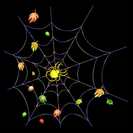 Yellow spider on a web on a black backgroundのイラスト素材