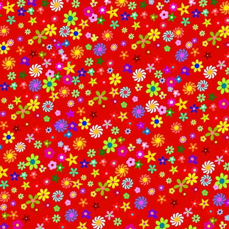 Pattern of colorful flowers on a red backgroundのイラスト素材