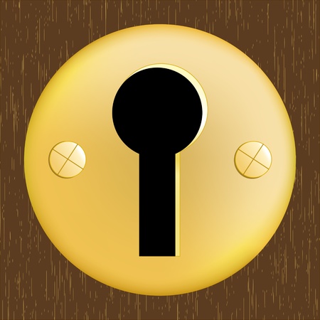 Door keyhole of golden metal on dark wooden doorのイラスト素材