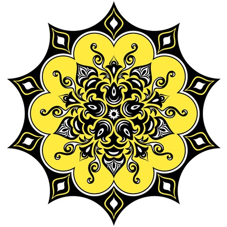 Kaleidoscopic floral pattern. Mandala in yellow black and whiteのイラスト素材
