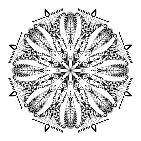Kaleidoscopic floral pattern  Mandala in black and whiteのイラスト素材