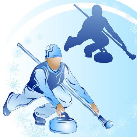 Stylized figure of a curler on a blue background with snowflakesのイラスト素材