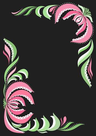 Graphic frame with flowers, leafs and dots.Pink and green on blackのイラスト素材