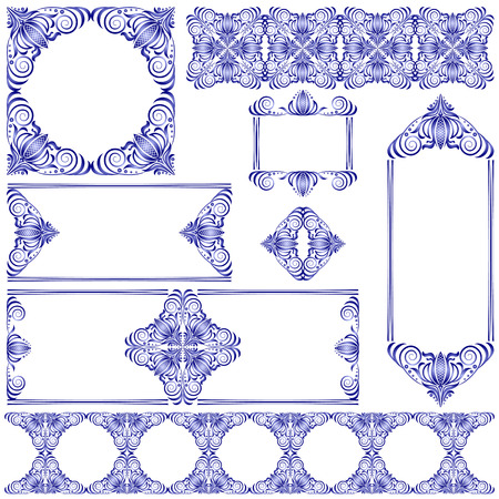 Vector set of frames and lines blue and white design template. Outline elements and emblems. Eastern floral frame. Logos line pattern for menu, restaurant, wedding invitationのイラスト素材