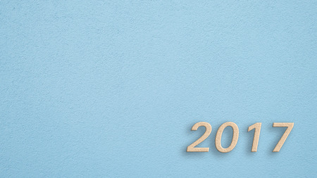 Blue wall with granular plaster and Number 2017 right belowの写真素材