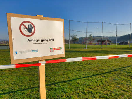 Seon, Aargau / Switzerland â April 7, 2020:  Football field was blocked by the Lenzburg regional police because of the Corona (COVID-19) pandemic and violations are fined.のeditorial素材